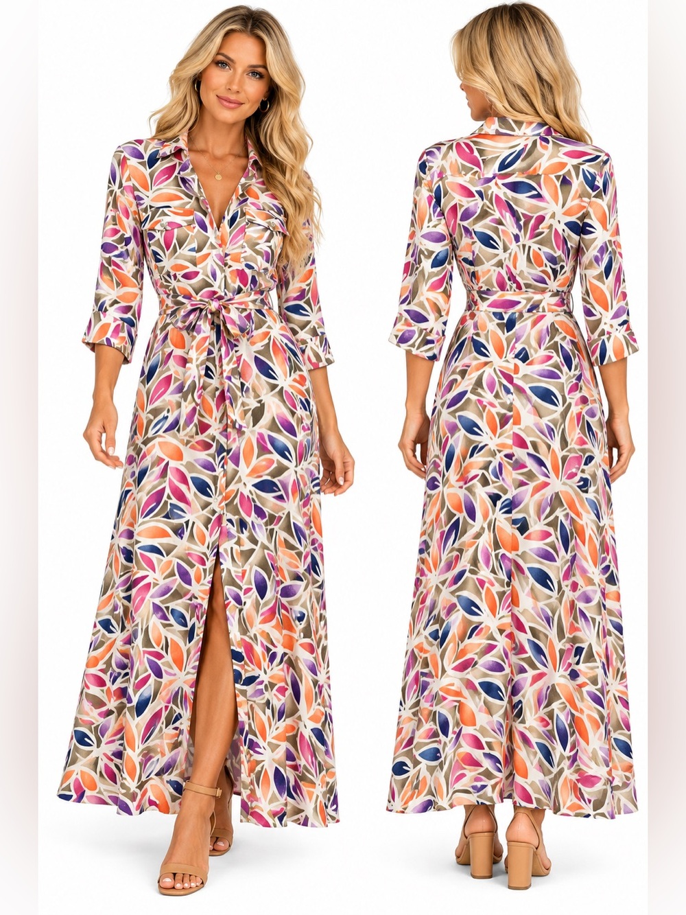 J McLaughlinf Size Large Multicolor Leaf-Print Maxi Button Up Dress